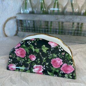 Lenox Victoria’s Garden‎ Vintage Napkin or Letter Holder. Pink Roses on black.